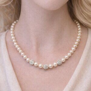 Faux Pearl Necklace with Rhinestone Accents | Classic Bridal-Inspired Statement